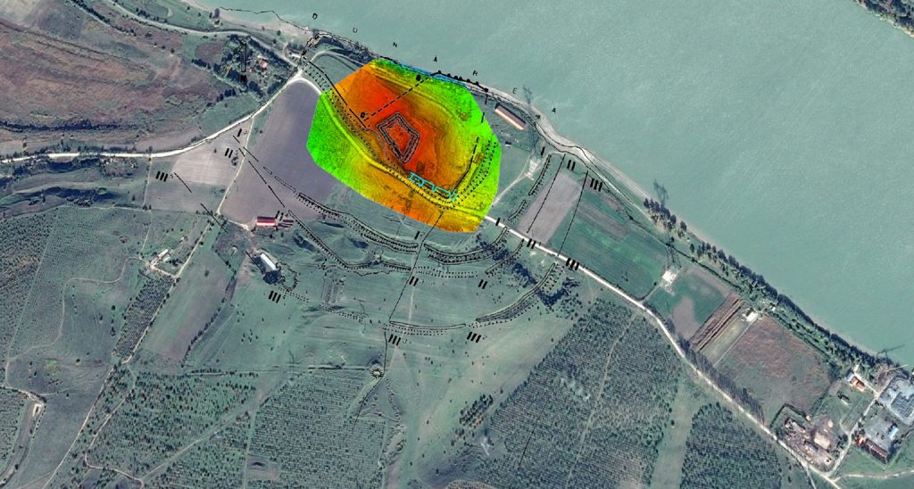 Noviodunum - planul fortificațiilor, model digital al terenului, fotografie satelitară
