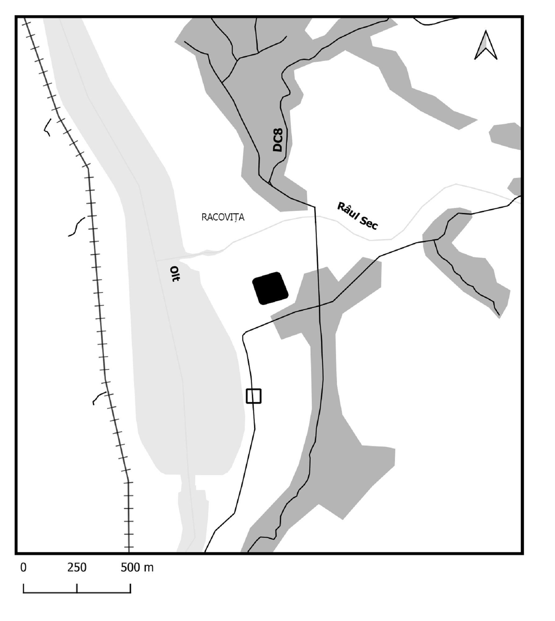 Racovița - Localizarea castrului de la Racovița (săgeată plină); localizarea presupusă a castrului de la Copăceni (săgeată punctată)